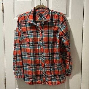 Talbots Vibrant Orange Blue and Black Plaid Button-Down Shirt Size Medium